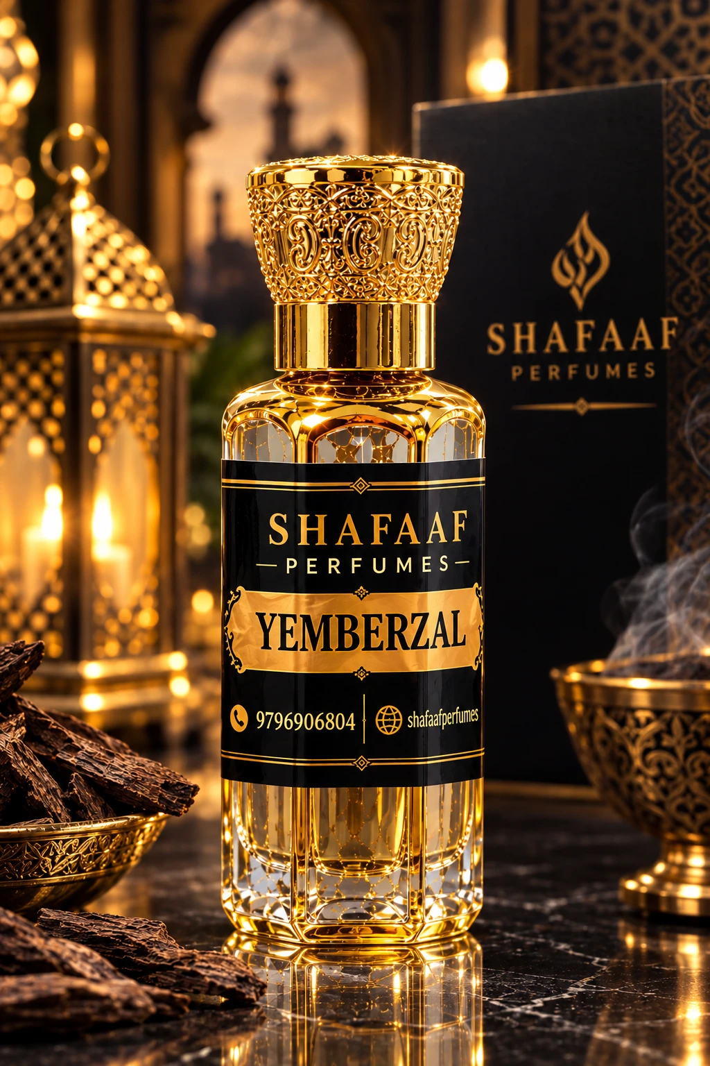 Yemberzal perfume by Shafaaf Perfumes, beside a brass lantern and oud chips